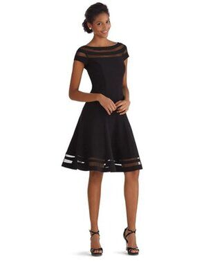 White House Black Market Fit & Flare Black Dress with Mesh at shoulders and hem